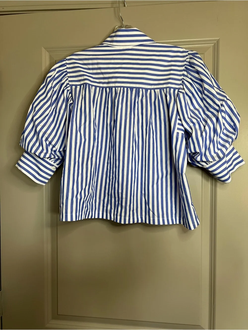 Zara Poplin Balloon Sleeve Shirt Blue and White Stripes XS NWT